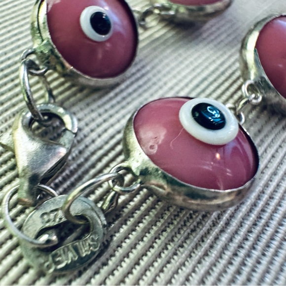 Vintage Handmade Pink Evil Eye Bracelet Solid 925 Sterling Silver - Picture 2 of 8